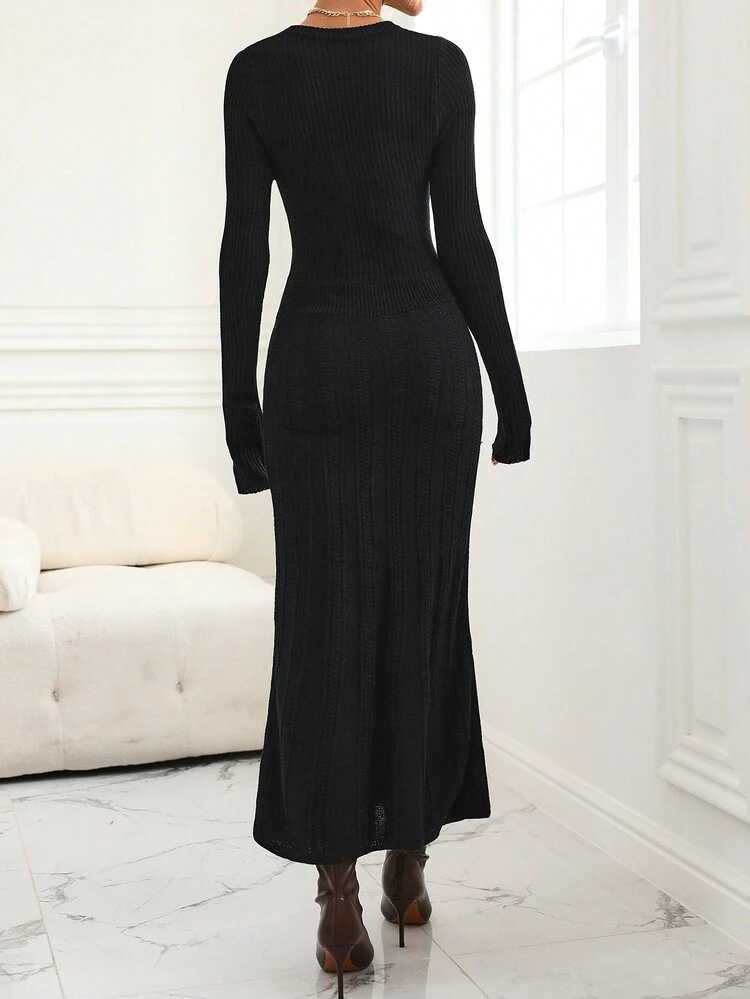 Solid Ribbed Knit Sweater Dress Fall Cloth For Women