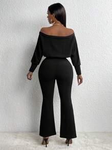 Slaydiva Letter Graphic Off Shoulder Drawstring Waist Flare Leg Jumpsuit - Black - View 2