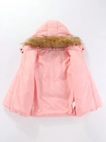 SHEIN 年轻女孩毛绒装饰连帽夹棉外套和连体裤 - 粉色 - 查看 3