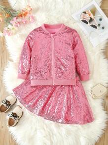 SHEIN 女小童拉鏈開襟亮片飛行員夾克&半身裙 - 彩色 - 查看 1