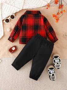 男婴格子印花翻盖口袋夹克和裤子（不含 T 恤），适合圣诞节男婴格子套装 - 紅色 - 查看 2