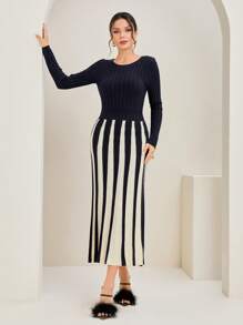 Modelyn Mẫu sọc Đầm Áo len - Xanh đậm - Xem 3