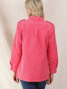 翻蓋口袋前紐扣燈芯絨大衣 - 粉色 - 查看 2