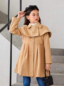 SHEIN Tween Girl 1pc Overlay Fold Pleated Detail Overcoat - Camel - View 9