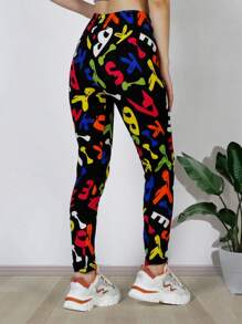 Allover Letter Graphic Leggings - Black - View 1