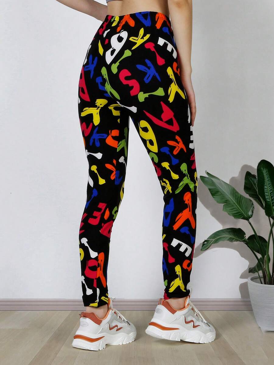Allover Letter Graphic Leggings - Black - View 1