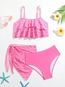 Conjunto de bikini con volantes en el bajo y falda de playa para niña preadolescente - Rosa - Ver 1