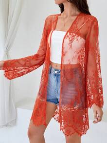 SHEIN VCAY 女士蕾絲長袖和服罩衫 - 鏽棕色 - 查看 3