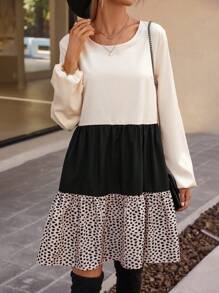 SHEIN LUNE 斑點印花撞色燈籠袖荷葉邊娃娃裙 - 彩色 - 查看 4