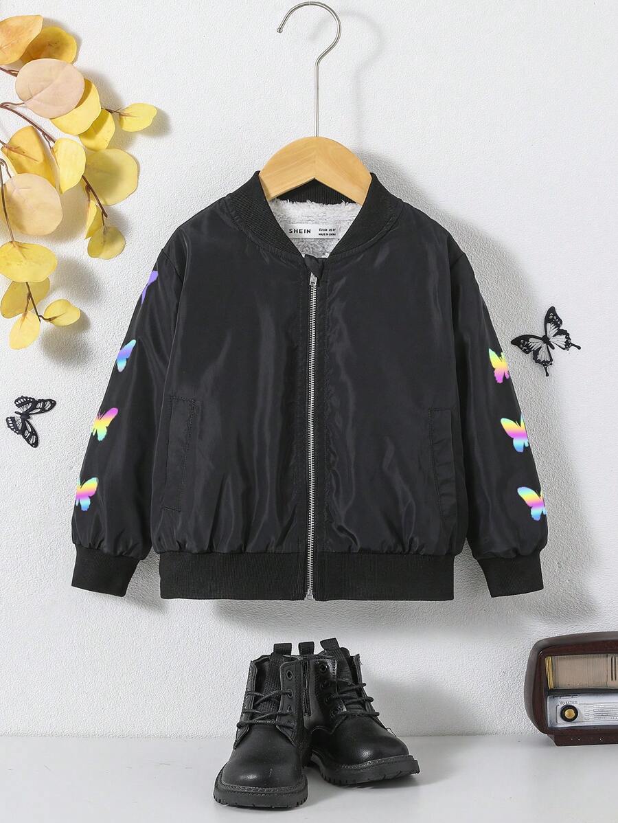 SHEIN Young Girl Butterfly Print Zip Up Bomber Jacket - Black - View 1