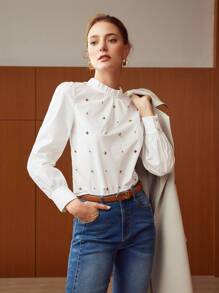 MOTF PREMIUM STUDDED FRILL-NECK BLOUSE