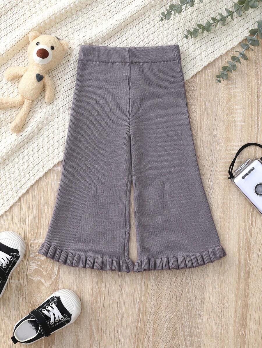 Baby Girl Ruffle Hem Wide Leg Knit Pants - Grey - View 1
