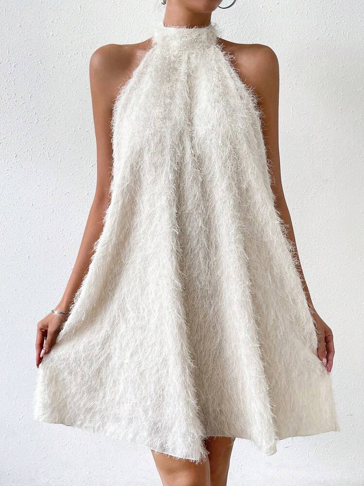 halter neck fluffy dress Chiquease Solid Fuzzy Halter Neck Dress