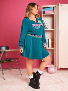THE POWERPUFF GIRLS X SHEIN 大碼字母圖案落肩袖套頭衫&半身裙 - 綠色 - 查看 6