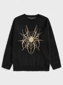 ROMWE MEN Goth Men Spider Web Pattern Drop Shoulder Sweater - Black - View 1