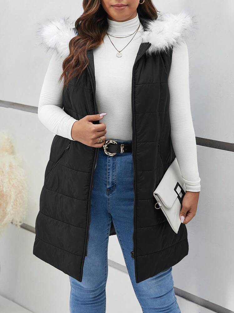 SHEIN Frenchy Talla grande Abrigo chaleco acolchado ribete lanudo con capucha - Negro - Añade 1