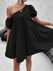 Firerie 素色不對稱領泡泡袖娃娃裙 - 黑色 - 查看 6