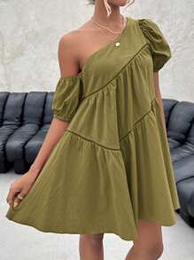 Firerie Cổ không đối xứng Ống tay áo Váy Smock - Màu xanh Ô liu - Xem 3