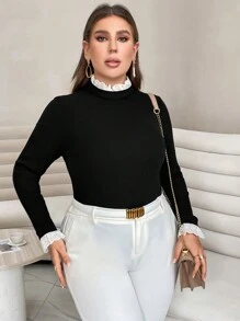 SHEIN Essnce Áo thun Plus size Nút viền lá sen màu trơn Giải trí - màu đen - Xem 3