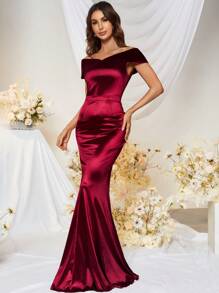 MUXXN Off Shoulder Mermaid Hem Satin Formal Dress Party Dress Wedding Guest Dress Evening Dress,Gown - Red - View 6