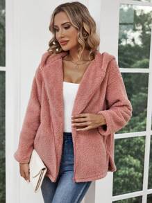 SHEIN LUNE 落肩袖連帽絨毛外套 - 粉色 - 查看 5