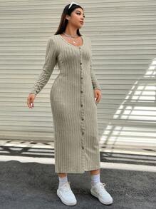 SHEIN EZwear Plus Button Through Ribbed Knit Dress - Khaki - View 5