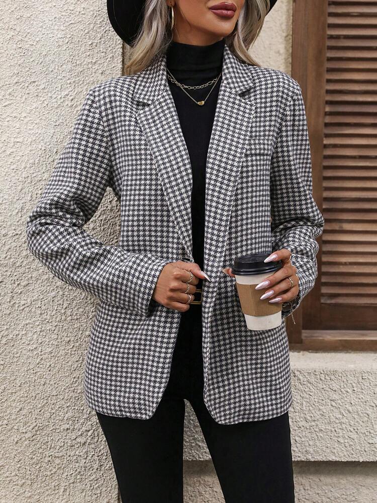 Houndstooth Print Lapel Neck Overcoat