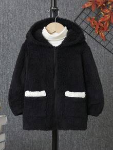 SHEIN 男小童拼接邊連帽絨毛外套不帶T恤 - 黑色 - 查看 5