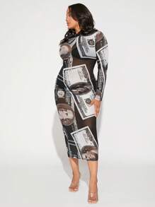 SHEIN SXY 大碼美元圖案小高領網紗緊身洋裝 - 彩色 - 查看 4
