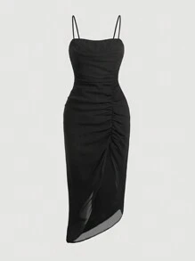 SHEIN MOD Solid Ruched Split Thigh Cami Dress - Black - View 1