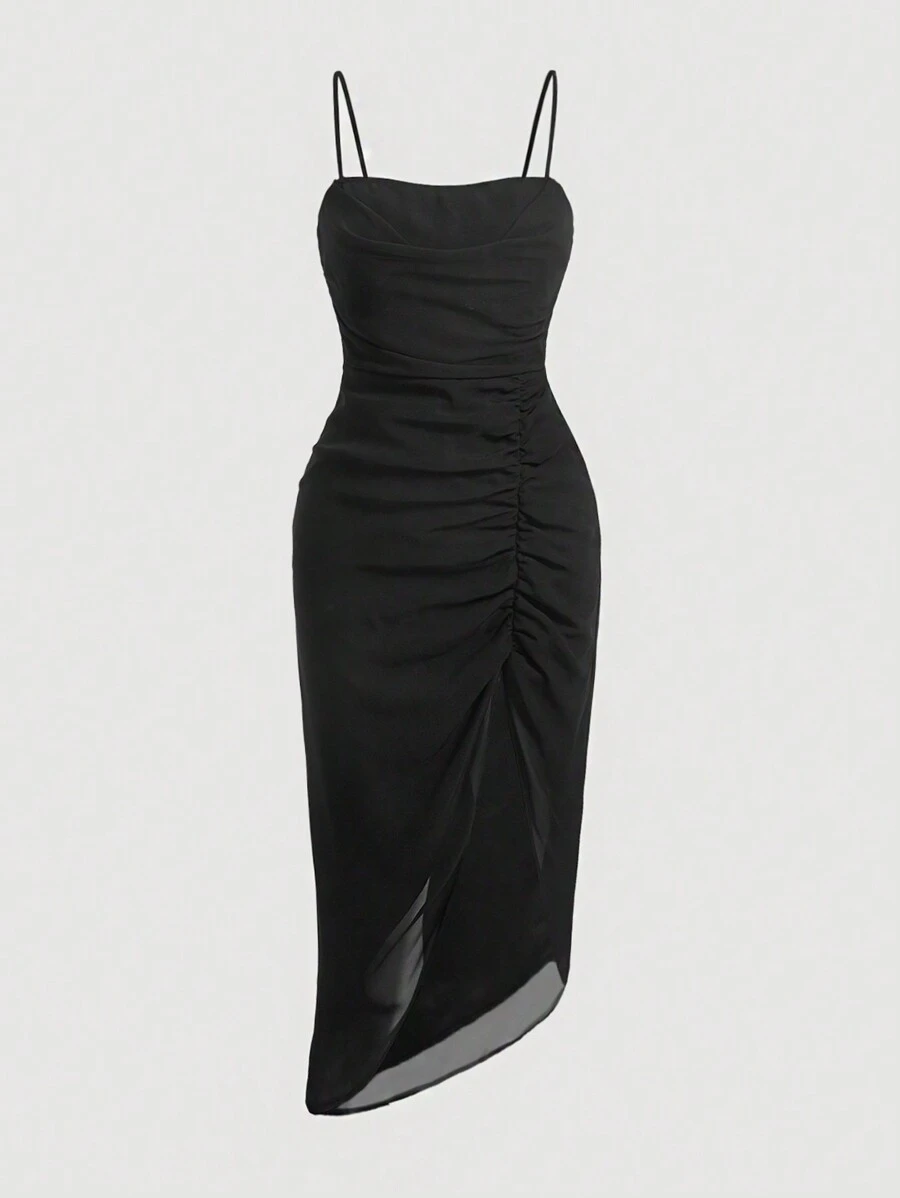 SHEIN MOD Solid Ruched Split Thigh Cami Dress - Black - View 1