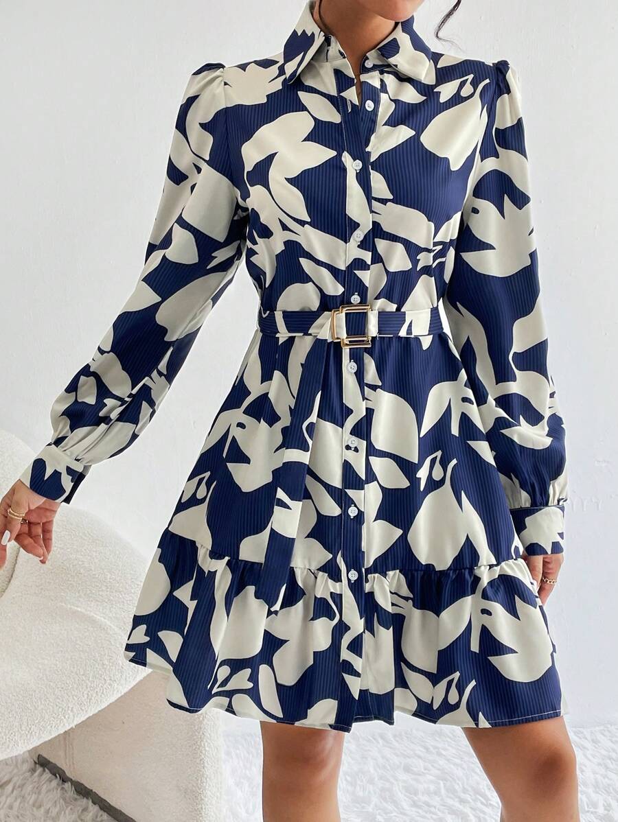 SHEIN Privé 滿版印花腰帶襯衫洋裝 - 藍白色 - 查看 1