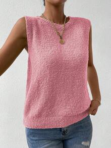 SHEIN Essnce Chất rắn Vòng cổ Áo len vest - Màu Hồng baby - Xem 4