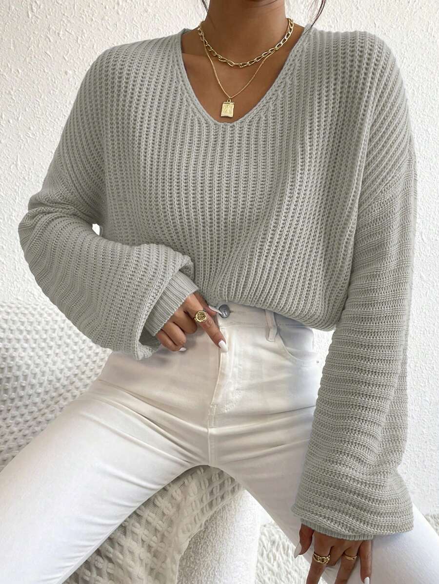 EMERY ROSE V Neck Drop Shoulder Ribbed Knit Sweater Knit Pullover Fall Winter Outfit - Grey - View 1