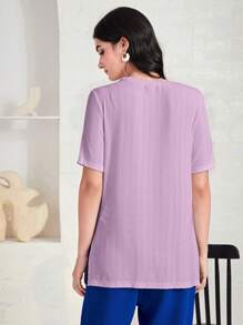 Seusyu Letter Patched Detail Split Hem Tee - Lilac Purple - View 2