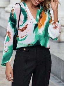 SHEIN Privé Marble Print Lantern Sleeve Blouse - Multicolor - View 1