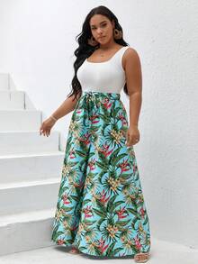 SHEIN VCAY 大碼熱帶圖案腰帶闊腿連體褲 - 藍色 - 查看 3