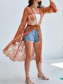 SHEIN VCAY Open Front Sheer Lace Kimono - Orange - View 4
