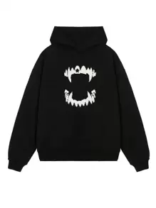 SHEIN Coolane Cartoon Graphic Kangaroo Pocket Drop Shoulder Hoodie - Black - View 1