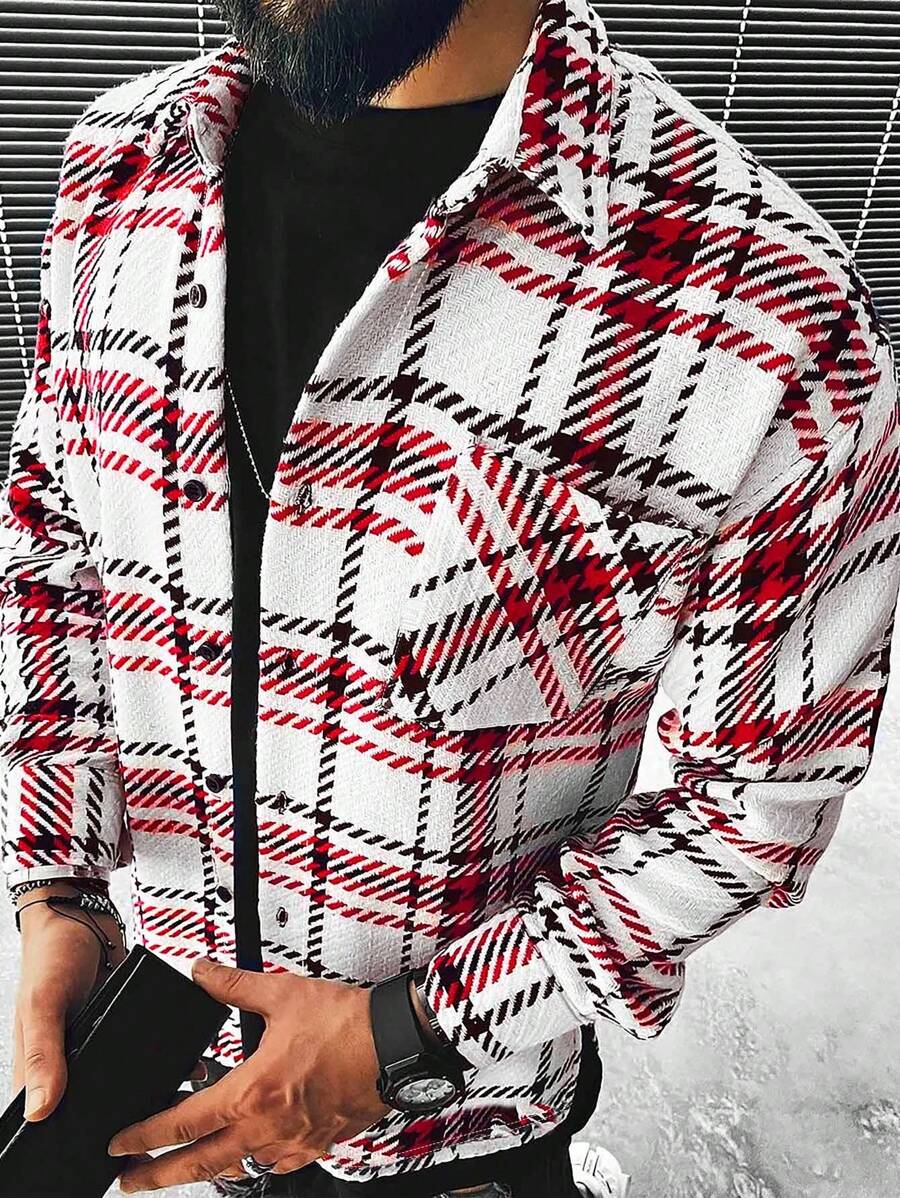 Manfinity Homme Loose Fit Men's Plaid Print Drop Shoulder Shacket - Multicolor - View 1