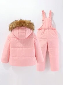 SHEIN 年轻女孩毛绒装饰连帽夹棉外套和连体裤 - 粉色 - 查看 2