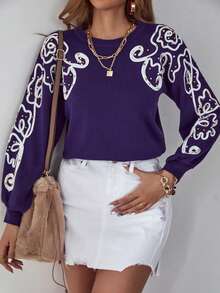 SHEIN Clasi Graphic Pattern Drop Shoulder Sweater - Purple - View 3