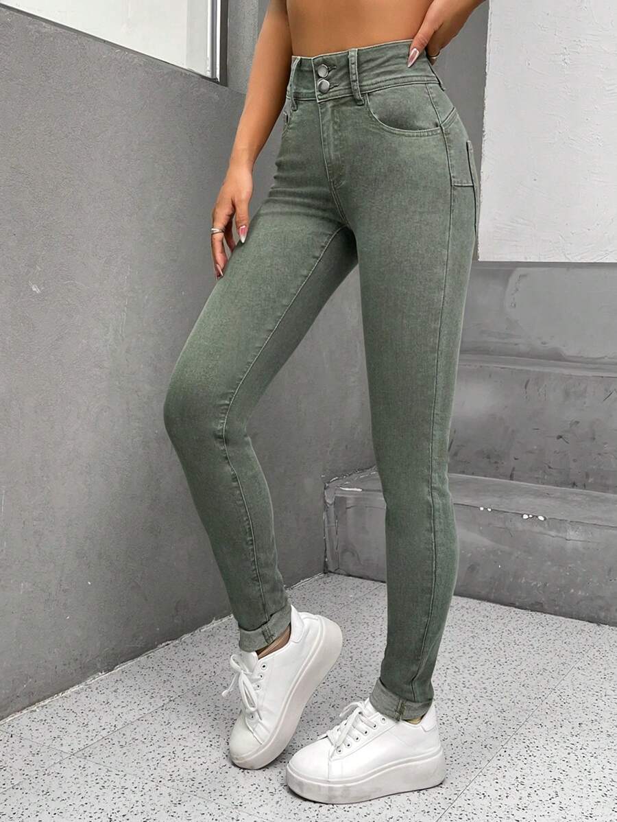 EMERY ROSE 女士休闲日常通勤简约纯色高腰紧身牛仔裤 - 橄欖綠 - 查看 1