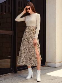 SHEIN Frenchy Leopard Print Split Thigh Dress Without Belt Winter Cheetah Casual - Multicolor - View 5