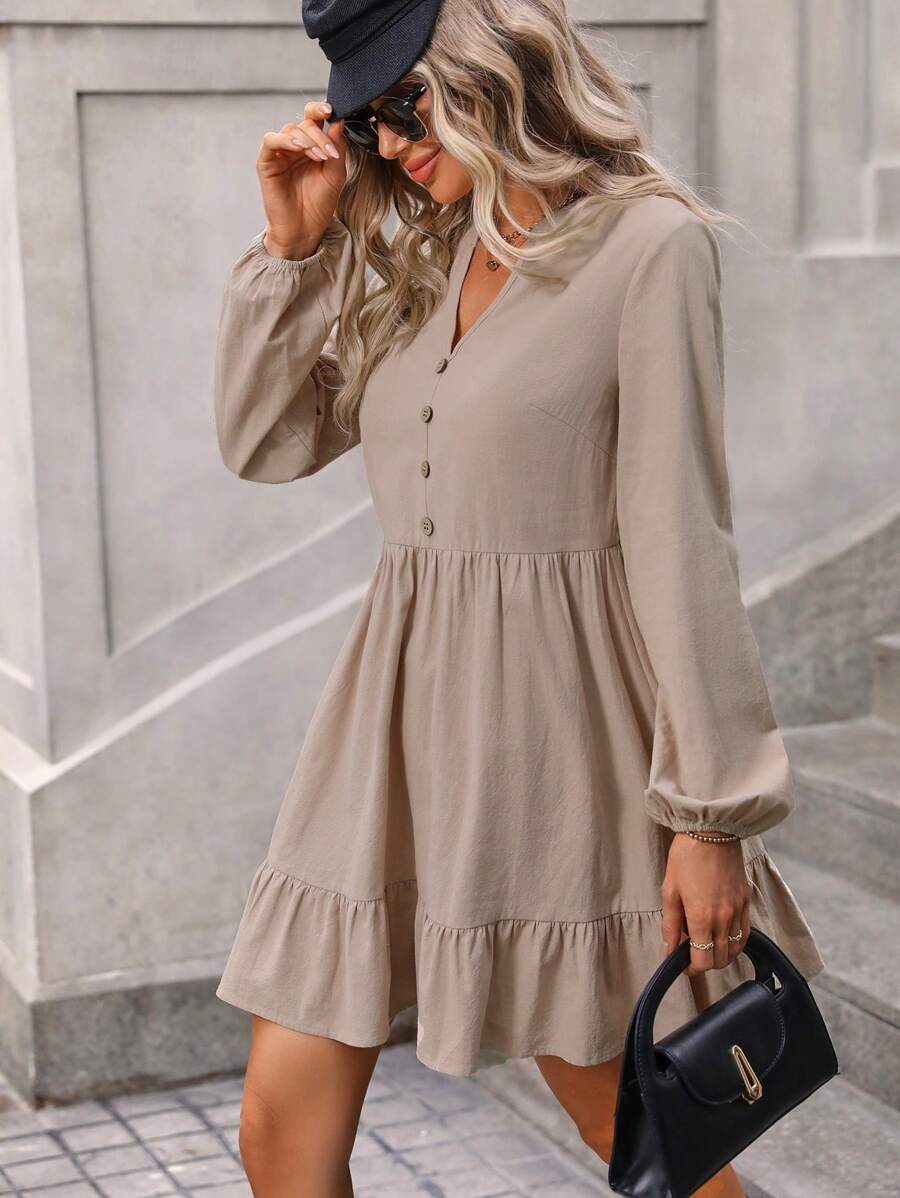 SHEIN LUNE Đầm Nút Viên lá sen màu trơn Giải trí - Màu Khaki - Xem 1