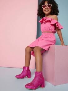 Mini mi 儿童闪亮水钻紫红色黑色高跟短靴 - 舒适百搭，奢华夺目 - 中紫紅色 - 查看 1