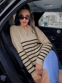 SHEIN Unity Suéter de punto con cremallera media y hombros caídos, con patrón de rayas, para otoño e invierno - Caqui - Ver 4