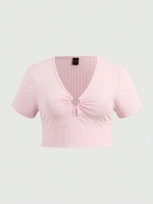 ROMWE Fairycore Plus Size Women's Heart Hollow Solid Cropped T-Shirt - Pink - View 1