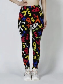 Allover Letter Graphic Leggings - Black - View 5