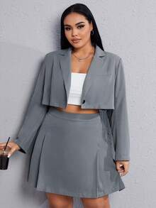 SHEIN EZwear 加翻領短款西裝外套和折疊百褶裙 - 灰色 - 查看 4